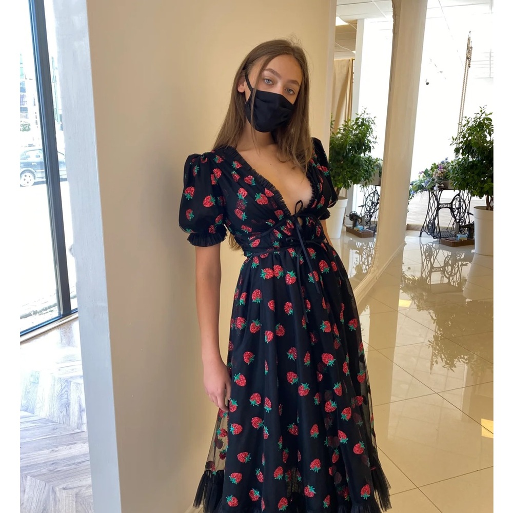 Lirika Matoshi Black strawberry dress Tulle with Red Floral Accents. Viral